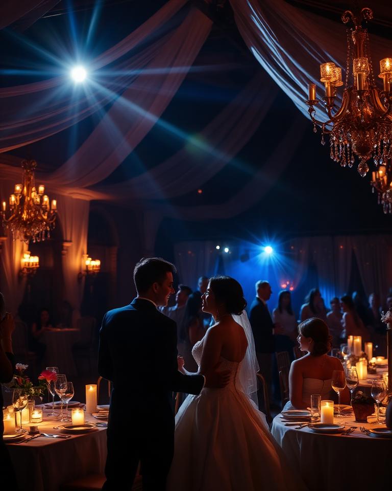 Casamento iluminado com decoração e ambientação cênica