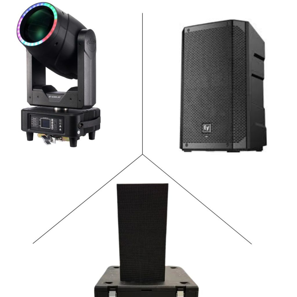 caixa de som moving e painel de led